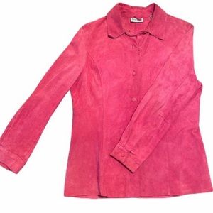 Hot pink leather suede long sleeve buttonup shirt